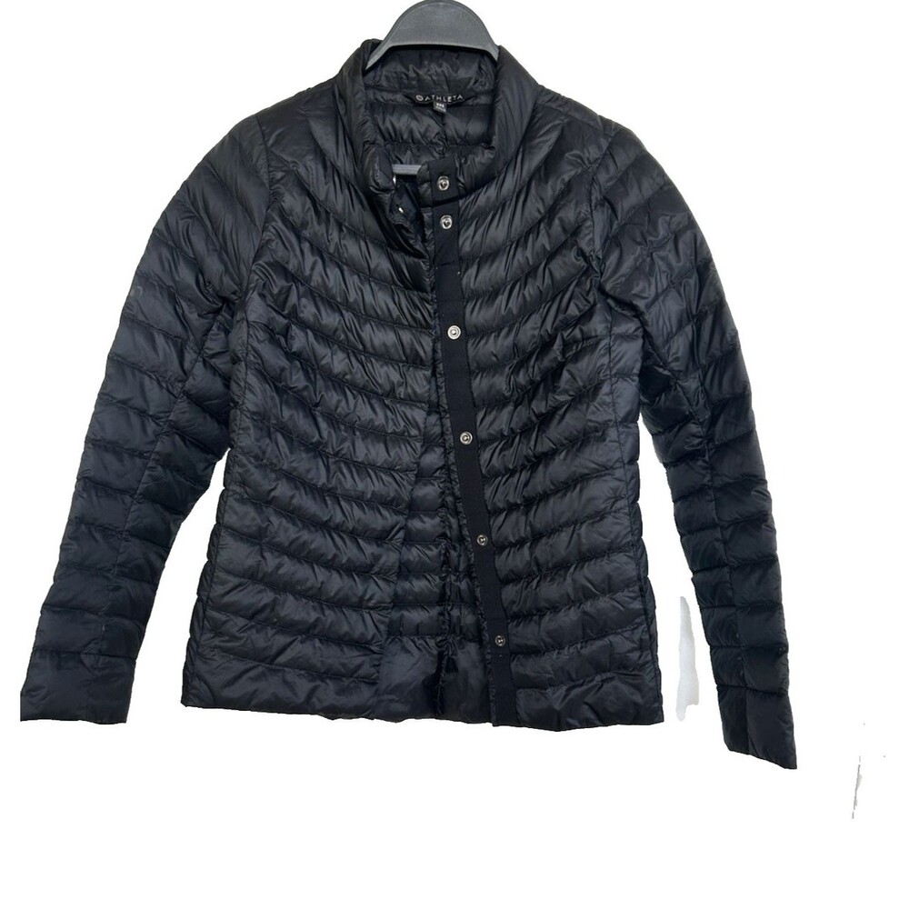 Athleta Downkind Puffer Jacket Size XXS Black Goose Down Filled Snap Front